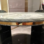 Round Marble-Top Sofa Side Table with Fan-Pattern Leather Panels, Open Shelf and Stainless Steel Trim